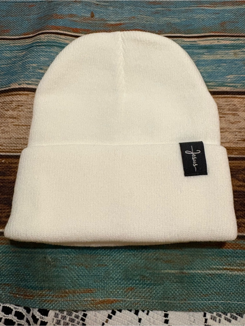 White Beanie Hat with Script Logo Tag